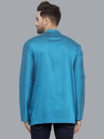 Turquoise poly-cot Dupion printed patch men short kurta