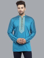 Turquoise poly-cot Dupion printed patch men short kurta