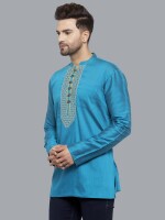 Turquoise poly-cot Dupion printed patch men short kurta