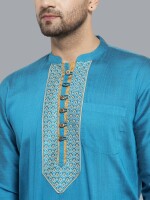 Turquoise poly-cot Dupion printed patch men short kurta