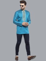 Turquoise poly-cot Dupion printed patch men short kurta