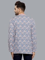 Grey and white cotton slub block printed men short kurta