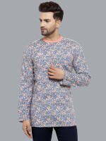 Grey and white cotton slub block printed men short kurta