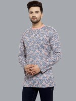 Grey and white cotton slub block printed men short kurta