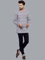 Grey and white cotton slub block printed men short kurta