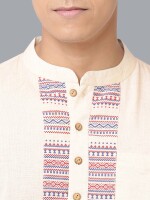 Cream cotton handloom with printed yoke men short kurta