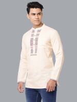 Cream cotton handloom with printed yoke men short kurta