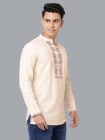 Cream cotton handloom with printed yoke men short kurta