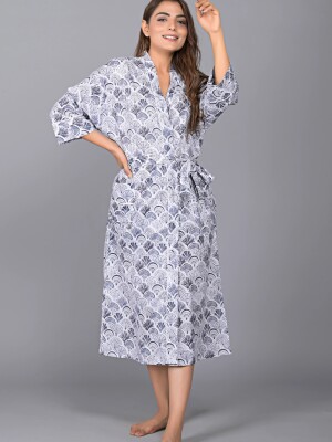 Peacock Pattern Kimono Robe Long Bathrobe For Women (Grey)-KM-141