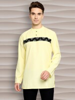 Lemon Yellow Cotton Black Block Printed Embossed Men Short Kurta