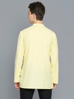 Lemon Yellow Cotton Black Block Printed Embossed Men Short Kurta