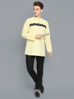 Lemon Yellow Cotton Black Block Printed Embossed Men Short Kurta