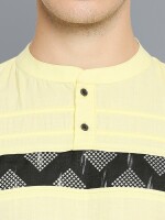 Lemon Yellow Cotton Black Block Printed Embossed Men Short Kurta