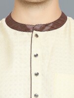 Cream Color Jacquard Poly-Cot Men Short Kurta,  striped collar, Texture-  Jacquard and Color- Cream