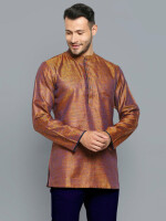 Golden Banarsi With Blue Weave Men Short Kurta , Formal ethnic ,  Poly-cot fabric and Jacquard texture