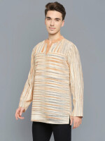 Beige & Orange Stripes Khadi Cotton Hand Loom Men Short Kurta