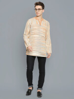 Beige & Orange Stripes Khadi Cotton Hand Loom Men Short Kurta