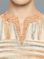 Beige & Orange Stripes Khadi Cotton Hand Loom Men Short Kurta