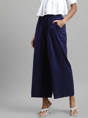 Navy blue relaxed fit 100% cotton palazzo pants