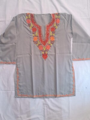 Grey short kurti with elegant kashmiri aari work