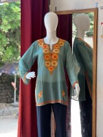 Kashmiri embroidered semi long georgette kurti-top in mustard colour