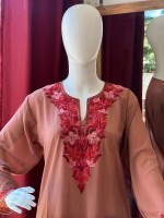 Kashmiri embroidered semi long georgette kurti-top in mustard colour