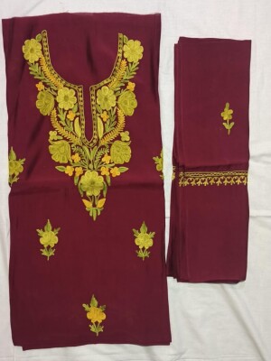 Maroon roman silk Kashmiri aari embroidered 3-Piece suit Set