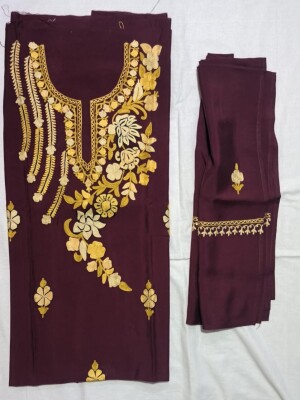 Stunning handcrafted maroon roman silk aari work 3-piece unstitched suit