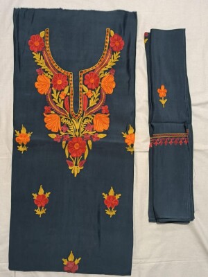 Unstitched grey roman silk suit with Kashmiri embroidery aari work