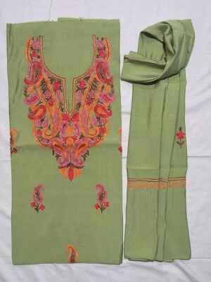 Beautiful pista green roman silk unstitched 3-piece suit with stunning aari embroidery