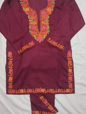 Stylish maroon ruby cotton kashmiri aari work co-ord set