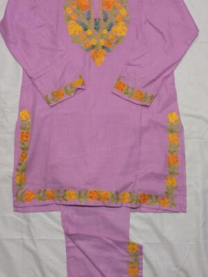 Classic lavender ruby cotton co-ord set with stunning aari work