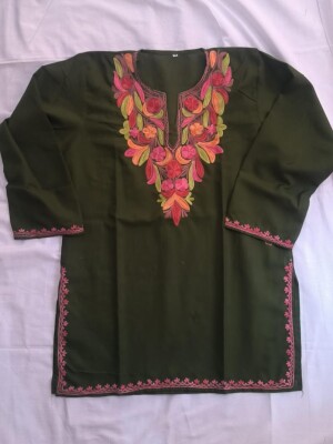 Mehendi green short kurti with kashmiri embroidery