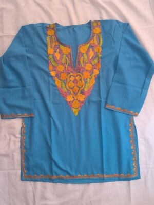 Firozi cotton short kurti with kashmiri embroidery and aari work