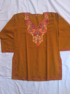 Mustard cotton short kurti with summer cool kashmiri embroidery and aari work