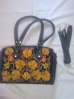 Artisanal sweed triple-layer leather sling bag with dual-sided hand embroidery