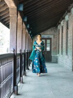 Green floral printed backless cross pattern blouse with skirt & dupatta