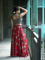 Satin mehendi green cross pattern blouse with maroon floral print satin skirt