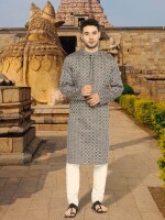 Black & grey cotton checks men long kurta and design pattern- Checks