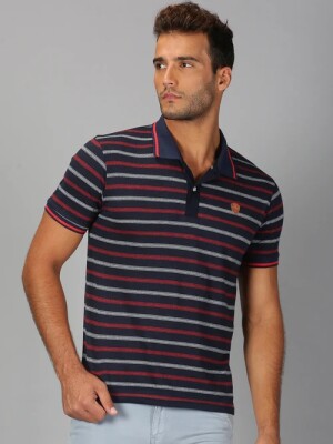 Slim fit Men Navy Blue Striped Polo Neck Tshirt ,  polo collar, and short sleeves , slim fit design ensures a modern