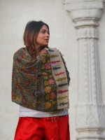 Handloom cotton stole with traditional hand-painted kalamkari designs