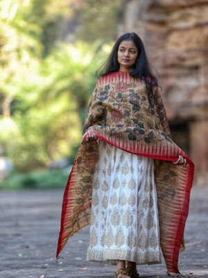 Kalamkari hand painted tussar ghicha silk dupatta