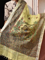 Delicate linen dupatta with handpainted madhubani radha krishna motifs