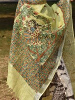 Delicate linen dupatta with handpainted madhubani radha krishna motifs