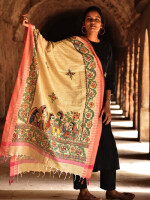 Ram-Sita vivah scene on hand-painted madhubani cotton dupatta