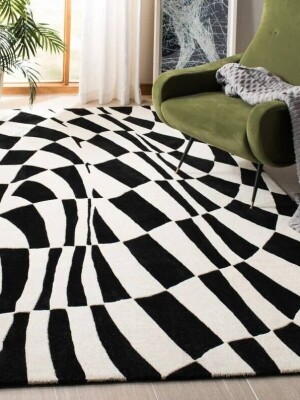 BLACK & WHITE Hand Tufted Black White Color Rug Irregular 100% Wool Area Rug For Bedroom Aesthetic Minimalist Tufted Rug Personalized Gift Rug