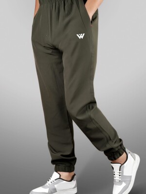 Men's olive green polyester full-length track pants