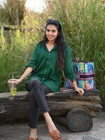 Stylish green pure cotton over size shirt for women