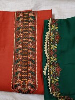 Cotton Dress Material In rust and Green colour with Dupatta