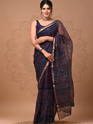 BLUE BLOCK PRINT KOTA DORIA SAREE, Beautiful & Attractive Sarees, Casual Wear Sarees for Working Women